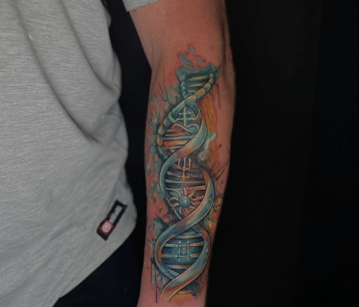 Colour realism DNA double-helix intertwined with runic symbols.