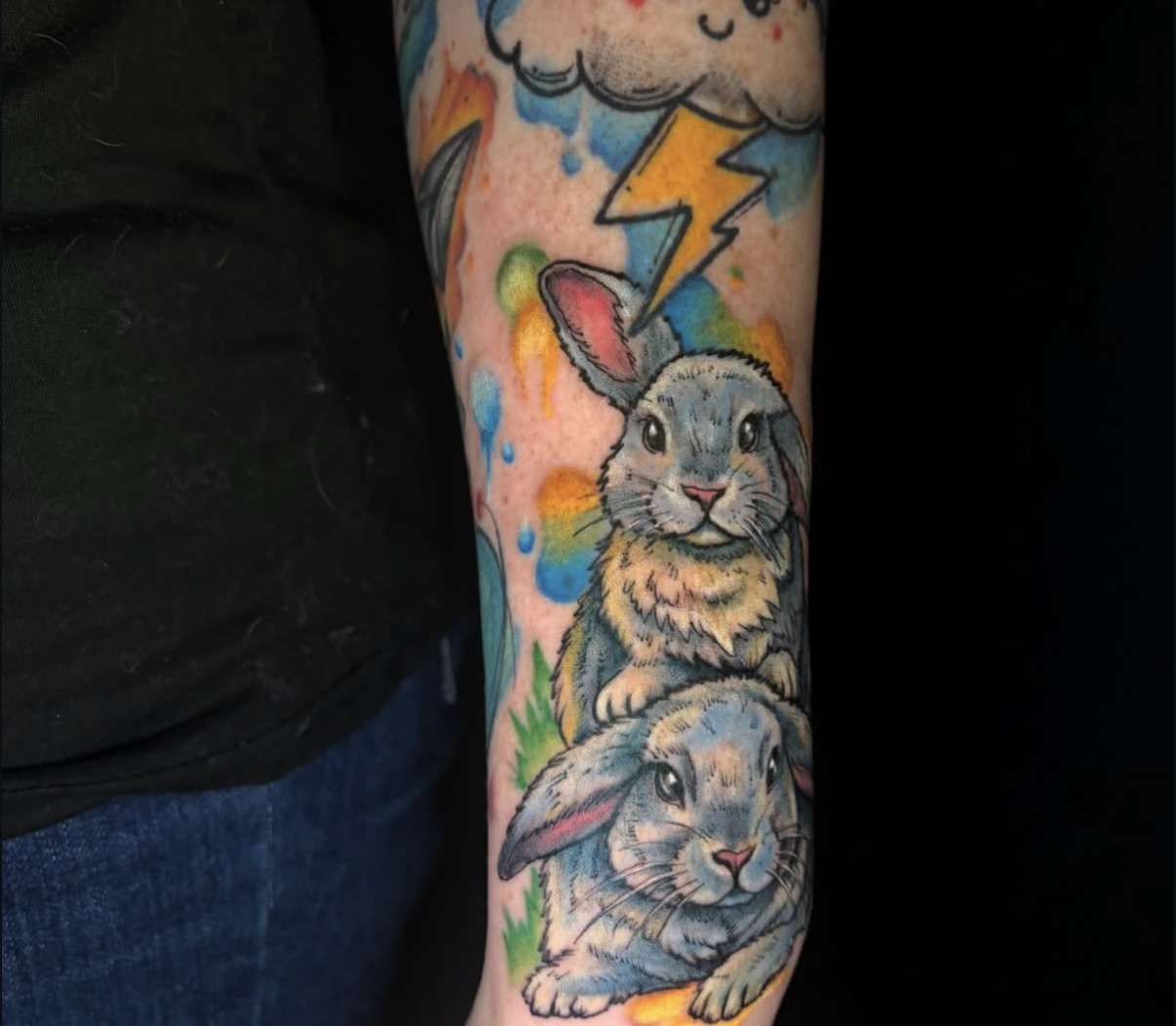 Colour realism piece of two rabbits beneath a stormy watercolour sky.